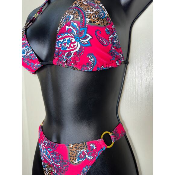 New‎ Small Pink Paisley Bikini Swimsuit Set O-Ring Triangle Padded Halter Retro - Picture 4 of 6